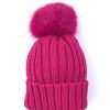 Pink Rid Knit Cap With Large Pom Pom